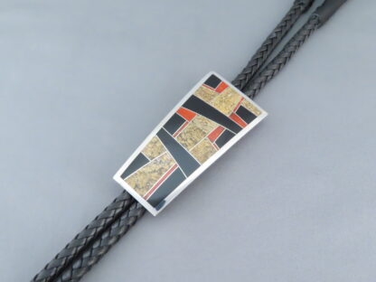 Inlaid Bolo Tie with Multi-Stone Inlay Featuring Coral