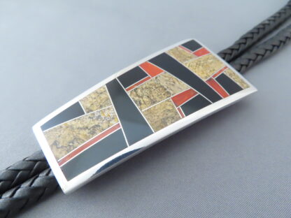 Inlaid Bolo Tie with Multi-Stone Inlay Featuring Coral