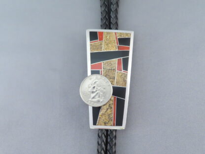 Inlaid Bolo Tie with Multi-Stone Inlay Featuring Coral