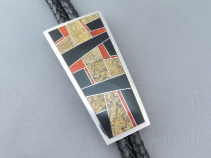 Inlaid Bolo Tie with Multi-Stone Inlay Featuring Coral