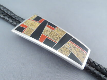 Inlaid Bolo Tie with Multi-Stone Inlay Featuring Coral