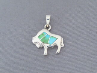 Turquoise Jewelry - Small Sonoran Turquoise Inlay Bison Buffalo Pendant Slider by Navajo jeweler, Tim Charlie $165- FOR SALE