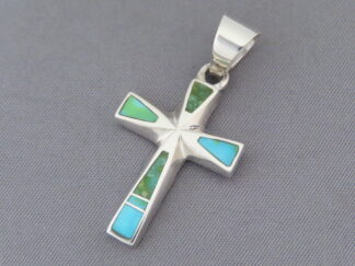 Turquoise Inlay Cross Pendant with Sonoran Gold Turquoise by Native American jeweler, Tim Charlie FOR SALE $210-